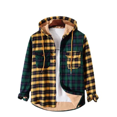 Men's Hooded Jacket Fashion Casual Long Sleeve Plaid Jacket