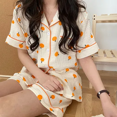 Orange Print Cute Women's Homewear Pajamas Set