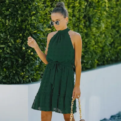 Jacquard Cutout Skirt Halterneck Chiffon Dress