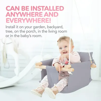 Canvas Baby Swing Wooden Hanging Swing Seat Chair With Safety Belt Durable Baby Swing Chair Outdoor And Indoor Swing For Kids Mounting Hardware Included Taupe Gray