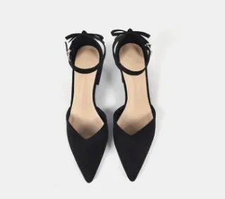 Mid-heeled Sandals Spring And Summer New Suede Bow Baotou Sandals With A Buckle With Thick Hollow Women's Shoes