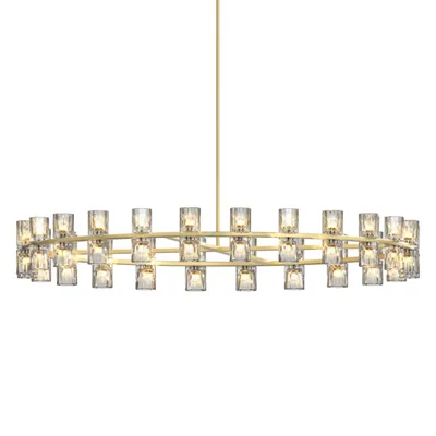 48 Inch Gold Wagon Wheel Chandelier With Crystal Shade, 48 Lights, Modern Farmhouse Style, Ideal For Dining Room, Kitchen, Entryways