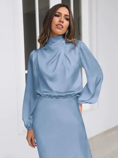 Elegant Temperament Long-sleeved Dress Satin Halterneck Formal Evening Dresses Women Clothing