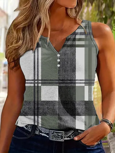Women's V-Neck Plaid Print Sleeveless Tank Top With Button Detail Casual Summer Vest Top