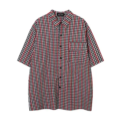 American Vintage Plaid Color Blocking Print Short-sleeved Shirt Men