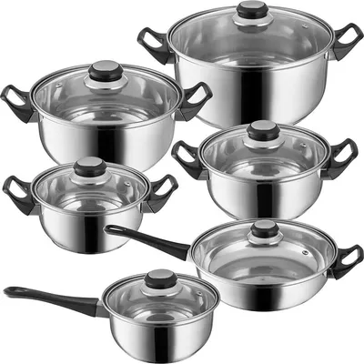 12 Piece Stainless Steel Cookware Saucepan Set Pan Pot Kitchen Cooking Glass Lid