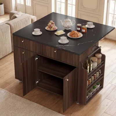 Kitchen Island With Storage Rolling Kitchen Island Cart With Drop Leaf Extension, Black Marble Top, Drawers, Spice Rack, Towel Bar, Mobile Kitchen Cart For Kitchen & Dining Room