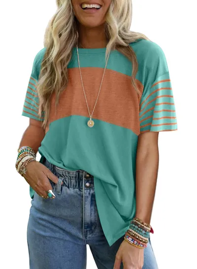 Women's New Style Crew Neck Pullover Casual Striped Color-Block Short-Sleeved T-Shirt