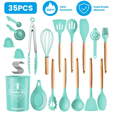 4 Colors Options -- Set Of 35Pcs Kitchen Cooking Utensils Set Spatula Set Baking Utensil Set Kitchen Accessories Necessities With Holder Egg Whisk Separator Tong Turner Spoons Cups