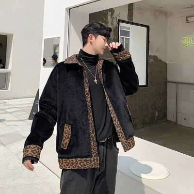 Thickened Plus Fleece Leopard Print Jacket Men's Plush Inside