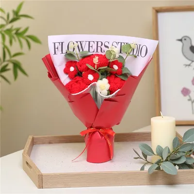 Handmade Crochet Red Rose Mixed Flower Bouquet, Knitted Everlasting Yarn Artificial Flowers, Red Wrapped Floral Arrangement Gift For Valentine's Day, Anniversary, Birthday, Wedding & Home Decor