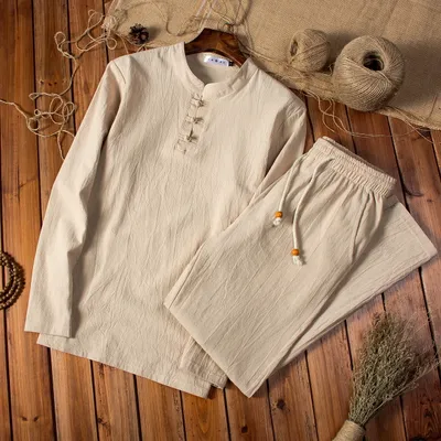 New Chinese Style Cotton And Linen Autumn Men's Long-sleeved Trousers Suit