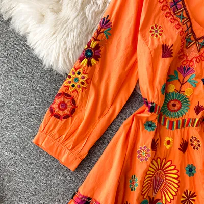 Women's Boho Embroidered V-Neck Loose Ruffle Long Skirt