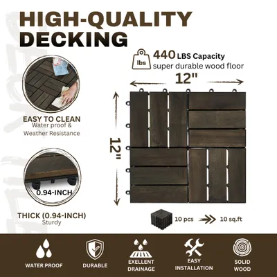 Acacia Wood Interlocking Deck Tiles Checker Pattern, 10PCS 12inch X 12inch Square Dark Brown Acacia Hardwood Outdoor Flooring For Patio, Bancony, Pool Side