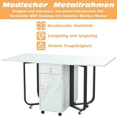 Folding Dining Table 1 Piece With Cupboard And 2 Drawers, Folding Kitchen Utility Table, Space-saving Dining Table With 4 Supporting Legs On Gliders White  Black