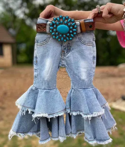Wholesale Double Ruffle Leopard Kids Denim Clothes