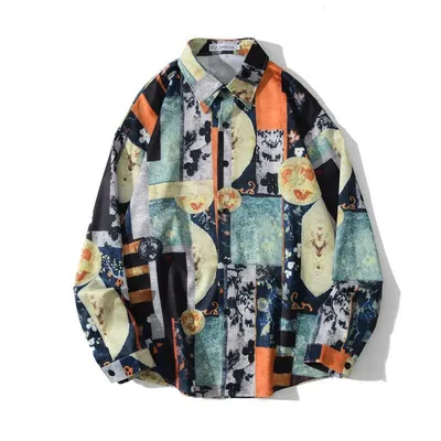 Vintage Design Hong Kong Style Print Draped Oil Painting Shirt