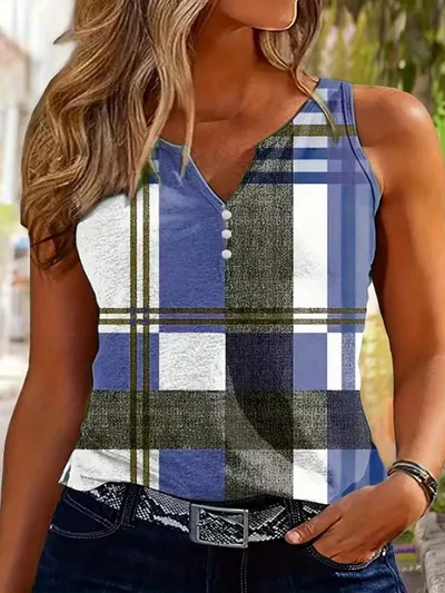 Women's V-Neck Plaid Print Sleeveless Tank Top With Button Detail Casual Summer Vest Top