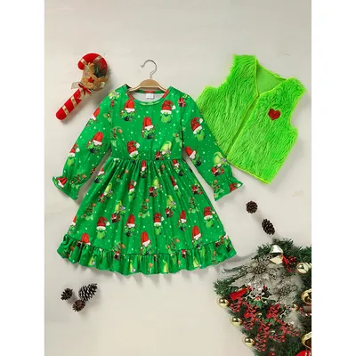 Toddler Kids Baby Girl Christmas Dress Outifts, Long Sleeves Cartoon Prints Party Dress With Heart Print Vest Coat Xmas Clothes Set