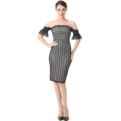 Slim-Fit Lace Contrast Banquet Dress With A Word Collar And Hips