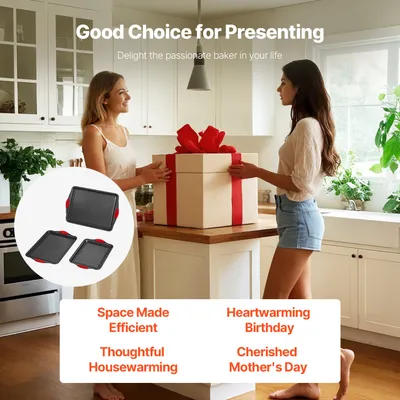 Baking Pan Set 3-Piece Nonstick Carbon Steel Bakeware Set With Silicone Handle