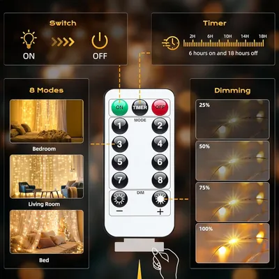 300 مصباح LED ستائري أبيض دافئ، سلسلة إضاءة تعمل بمنفذ USB، 8 أوضاع إضاءة، زينة عيد الميلاد، أضواء معلقة