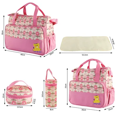 5PCS Per Set Baby Nappy Diaper Bags For Spring Travel Set Mummy Diaper Shoulder Bags WithNappy Changing Pad Insulated Pockets Travel Tote Bags For Mom Dad
