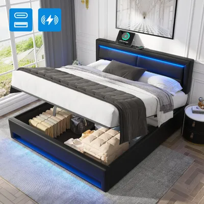 Upholstered Bed 150 X 200 Cm, King Size Bed-5ft,with USB Port Supports Wireless And Wired Charging, With LED Lighting And Storage Space, Without Mattress, PU Lychee Pattern, Black