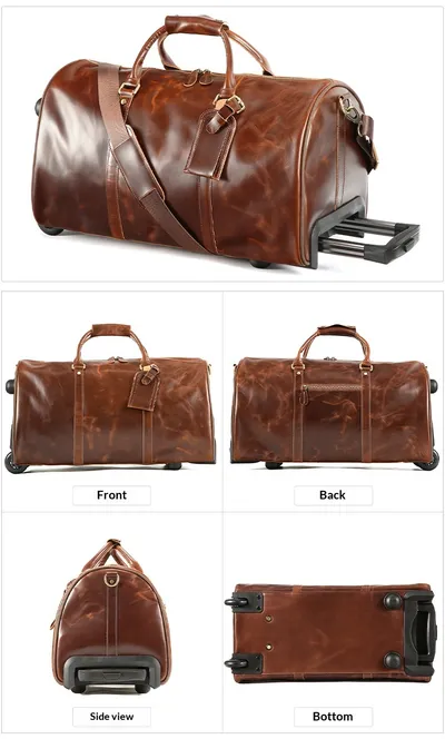 New Crazy Horse Leather Trolley Travel Bag, Retro Genuine Leather Travel Bag, Large Capacity Business Travel Luggage