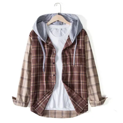 Fashion Plaid Contrast Color Stitching Men's Slim Long-sleeved Shirt