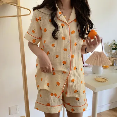 Orange Print Cute Women's Homewear Pajamas Set