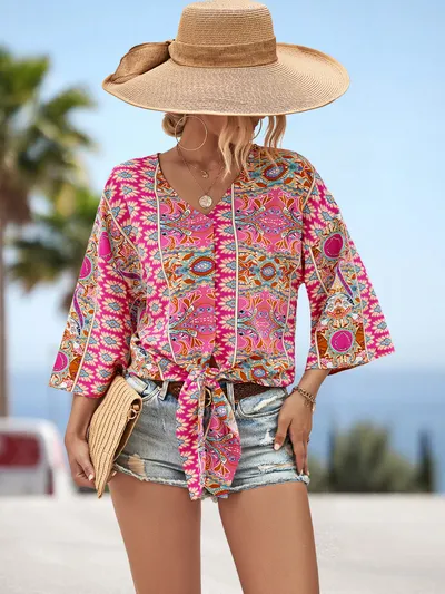 European And American V-neck Lace Up Irregular Top