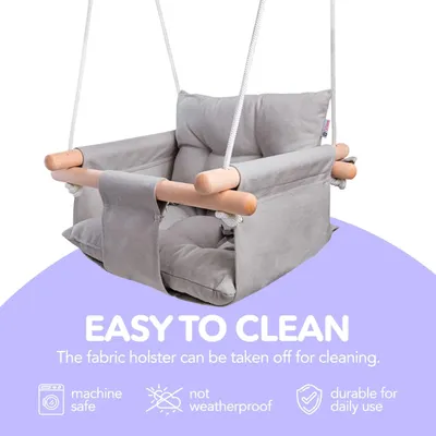 Canvas Baby Swing Wooden Hanging Swing Seat Chair With Safety Belt Durable Baby Swing Chair Outdoor And Indoor Swing For Kids Mounting Hardware Included Taupe Gray