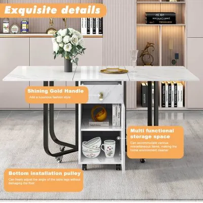 Folding Dining Table 1 Piece With Cupboard And 2 Drawers, Folding Kitchen Utility Table, Space-saving Dining Table With 4 Supporting Legs On Gliders White  Black