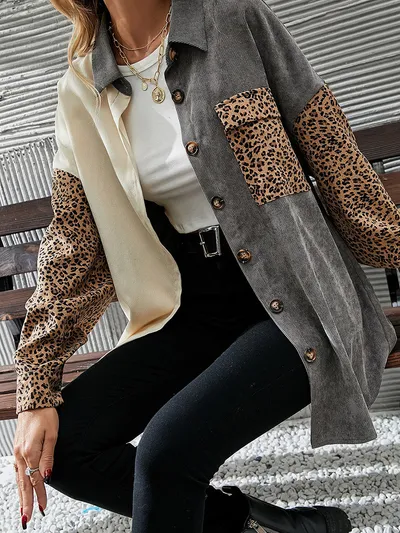 Gray Color Block Leopard Patch Corduroy Pullover