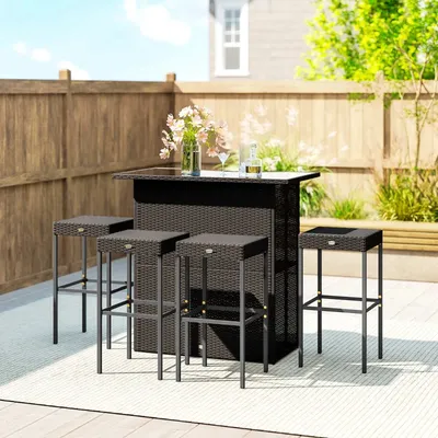 5 Piece Rattan Wicker Bar Set, High Top Outdoor Table And Chairs, Bar Height Patio Set, 2 Shelves & 4 Bar Stools, Brown