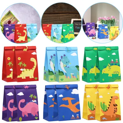 12Packs Christmas Dinosaur Candy Bags With 24Pcs Stickers Party Favor Bags Paper Gift Bags Treat Goody Gift Wrapping Bags For Christmas Halloween Dinosaur Themed Birthday Party Supplies