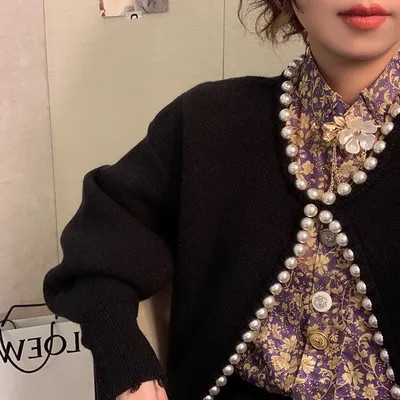All-match Pearl Trimming Temperament Outer Knit Cardigan Jacket