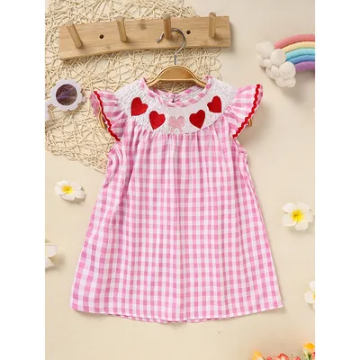 Infant Baby Girls' Valentine's Day Dress Pink Plaid With Heart Embroidery, Smocked Ruffle Sleeves