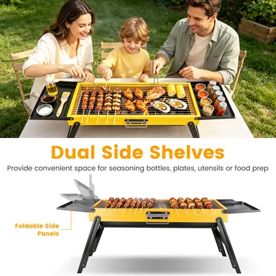 1Pc Portable Folding Charcoal Grill Stainless Steel Camping BBQ Grill With Side Panels Compact Tabletop Barbecue Grill With Carry Handle For Picnic Beach Travel