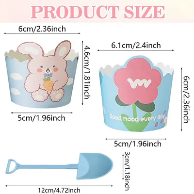 Cute Cupcake Liners Wrappers With Plastic Spoons Bunny Flower Pattern Paper Baking Cup Scalloped Edge Cupcake Muffin Cases For Easter Spring Birthday Wedding Holiday Party Supplies