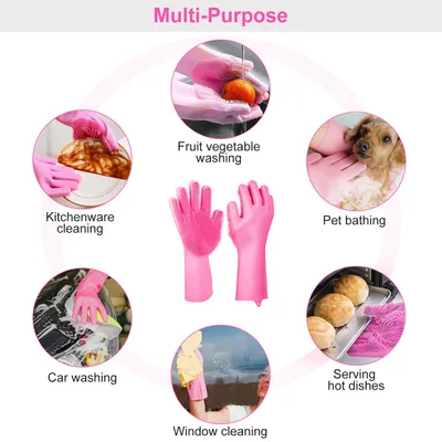 1 Pair Silicone Brush Dishwashing Gloves Cleaning Sponge Pet Scrubber Heat Resistant Wash Gloves