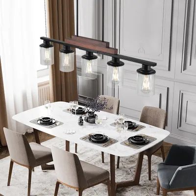 37  Farmhouse Industrial 5-Light Kitchen Island Pendant Light, Metal Wood Chandelier With Clear Glass Shades, Adjustable Height Hanging Fixture For Dining Room, Living Room, Kitchen  No Bulbs