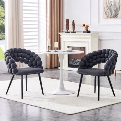 Set Of 2 Gray Puffy Bubble Chair Ball Chain Chair Velvet Dining Chairs With Black Legs, Modern Accent Chairs For Dining Room & Kitchen