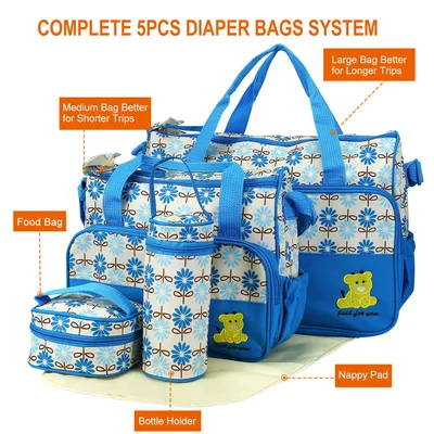 5PCS Per Set Baby Nappy Diaper Bags For Spring Travel Set Mummy Diaper Shoulder Bags WithNappy Changing Pad Insulated Pockets Travel Tote Bags For Mom Dad