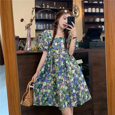 New Arrival Summer Floral Princess Dress, Square Collar, Lantern Sleeves, Short Sleeves