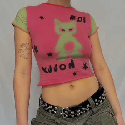 Hot Girl Fashion Umbilical Cord Street Style Tide Cat Print Color Collision T-shirt