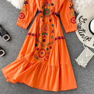 Women's Boho Embroidered V-Neck Loose Ruffle Long Skirt