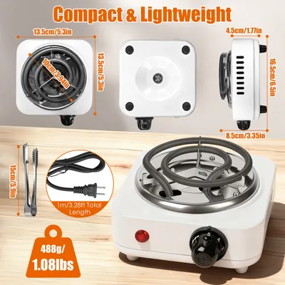 1Pc Electric Charcoal Burner 500W Hookah Charcoal Burner Compact Coal Burner For Hooka Cubes Shisha With Grill And Tongs 5 Temperature Gears Thermostat Control For Spring Summer