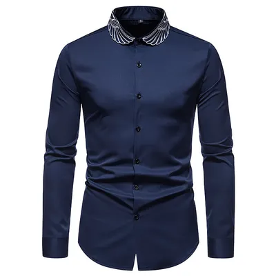 New Men's Stand Collar Fashion Wings Embroidered Shirt